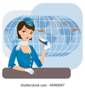 A nice european flight attendant at the desk with a ticket in her hand