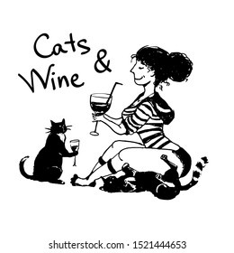 nice evening girl with cats drinks wine. the evening is strong and independent. Print Modern Illustration Vector.