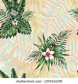 Nice exotic flowers plumeria and green tropical palm banana monstera leaves seamless vector pattern on the pink background. Trendy wallpaper
