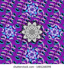 Nice fabric pattern. Design. Vector. Flat elements. Print. Doodles blue, black and violet on colors.