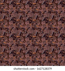 Nice fabric pattern. Doodles black, brown and pink on colors. Seamless pattern Print. Vector. Flat elements. Design.