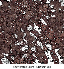 Nice fabric pattern. Doodles brown, black and white on colors. Flat elements. Seamless pattern Print. Vector. Design.