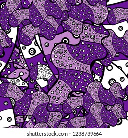 Nice fabric pattern. Vector. Design. Flat elements. Print. Doodles black, pink and purple on colors.