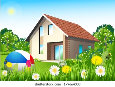 Nice family house , idealistic suburban neighborhood, sunny day 