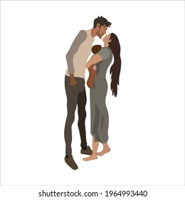 Nice family. The husband kisses his wife. Baby in mother's arms. white background. Flat vector illustration.