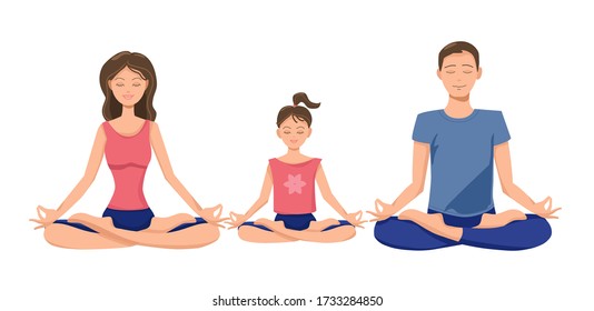 A nice family is meditating. Isolated white background.Vector.