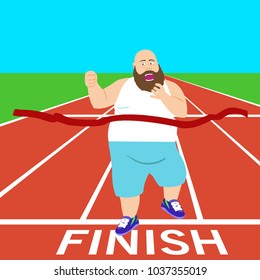 a nice fat man runs along the track at the stadium, tries to lose weight, crosses the finish line and becomes the winner