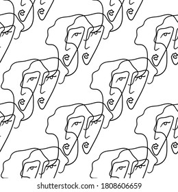 Nice female abstract faces vector seamless pattern. Line art. White and black background.