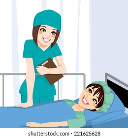 Nice female nurse talking with young woman patient lying on bed before surgery