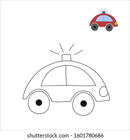 Nice fire engine or police car with an colored example. Coloring book for children. Machine isolated on a white background. Vector hand drawn illustration