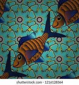 Nice fish in black, brown and blue colors. Cute fish vector seamless pattern. Tropical fish, sea, aquarium fishes.