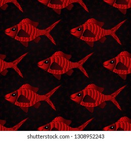 Nice fish in black, red and brown colors. Cute fish vector seamless pattern. Tropical fish, sea, aquarium fishes.