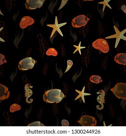 Nice fish in brown, black and orange colors. Tropical fish, sea, aquarium fishes. Cute fish vector seamless pattern.