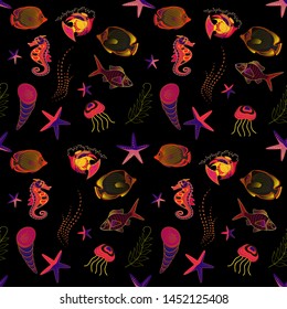 Nice fish in brown, black and red colors. Cute fish vector seamless pattern. Tropical fish, sea, aquarium fishes.