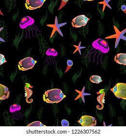 Nice fish in green, black and orange colors. Tropical fish, sea, aquarium fishes. Cute fish vector seamless pattern.