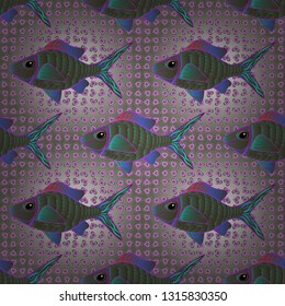 Nice fish in green, blue and gray colors. Cute fish vector seamless pattern. Tropical fish, sea, aquarium fishes.