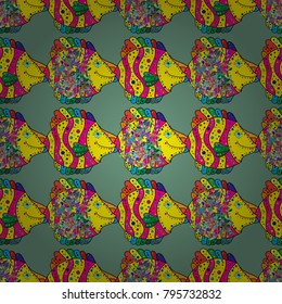 Nice fish green, yellow and magenta on colors. Vector. Cute illustration with line fish and polka dot.