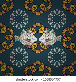 Nice fish on blue, black and yellow colors. Seamless pattern. Tropical fish, sea, aquarium fishes. Cute fish Vector illustration.