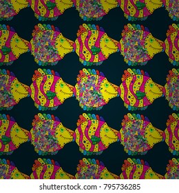 Nice fish on blue, yellow and magenta colors. Tropical fish, sea, aquarium fishes. Cute fish Vector illustration. Seamless pattern.
