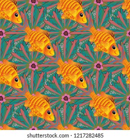 Nice fish in pink, blue and green colors. Cute fish vector seamless pattern. Tropical fish, sea, aquarium fishes.