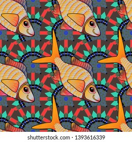 Nice fish seamless pattern in blue, green and brown colors. Cute vector illustration with cartoon fish.