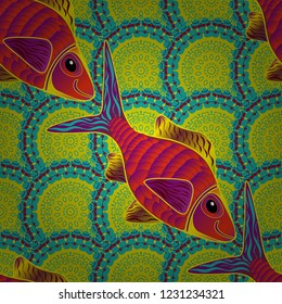 Nice fish seamless pattern in orange, blue and red colors. Cute vector illustration with cartoon fish.