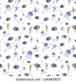 Nice fish seamless pattern in white, gray and blue colors. Cute vector illustration with cartoon fish.