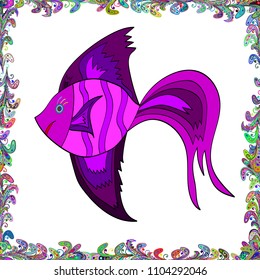 Nice fish white, neutral and blue on colors. Vector. Cute illustration with line fish and polka dot.