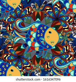Nice fish yellow, blue and black on colors. Cute illustration with line fish and polka dot. Vector.