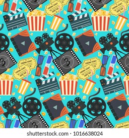 Nice flat vector cinema movie seamless pattern with colorful camera, clapper, tape bobbin, screen, tickets, popcorn, cup and glasses on blue background for textile, wrapping paper, wallpaper, surface