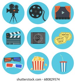 Nice flat vector cinematography elements on blue background set for your design. Film production symbols including colorful camera, clapper, tape bobbin, screen, tickets, popcorn, cup and glasses