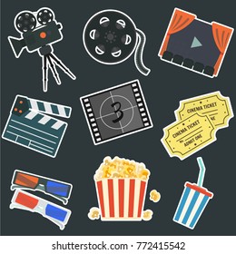 Nice flat vector cinematography stickers on black background set. Film production symbols including colorful camera, clapper, tape bobbin, screen, tickets, popcorn, cup and glasses for your design