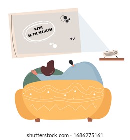 Nice flat vector illustration with a couple watching a movie on a projector
