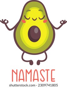 Nice flat vector illustration. Green avocado in lotus pose. Meditation and Namaste inscription 