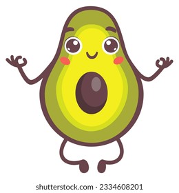 Nice flat vector illustration. Green avocado in lotus pose. Meditation and Namaste inscription. Cute kawaii style illustration.  