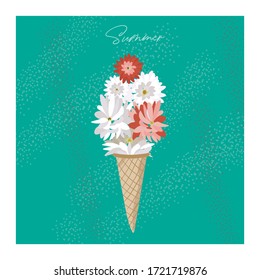 Nice flat vector illustration with ice cream of flowers. Waffle cone filled with chrysanthemum. Bright summer card.