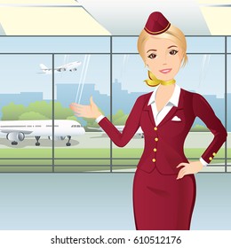 Nice flight attendant pointing to the view from the airport window / Stewardess in red uniform at the airport
