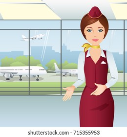 Nice flight attendant pointing to the view from the airport window / Stewardess in red uniform at the airport