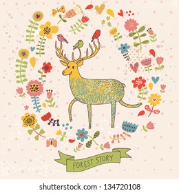 Nice floral background with cute cartoon deer. Natural wallpaper in vector