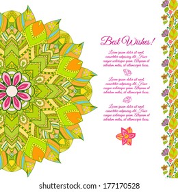 Nice floral greeting card with leaves for wedding invitation, birthday or other holiday. Colorful template for you design.