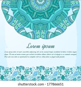 Nice floral greeting card with leaves for wedding invitation, birthday or other holiday. Colorful template for your design.