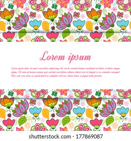 Nice floral greeting card with leaves for wedding invitation, birthday or other holiday. Colorful template for your design.