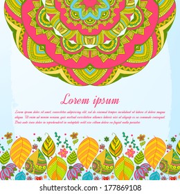 Nice floral greeting card with leaves for wedding invitation, birthday or other holiday. Colorful template for your design.