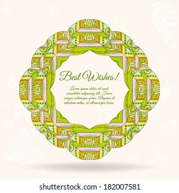 Nice floral greeting card with leaves for wedding invitation, birthday or other holiday. Colorful template for your design. 