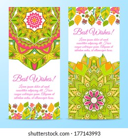 Nice floral greeting cards set with leaves. Colorful banners template for you design.