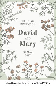 Nice floral vector wedding invitation card template. Copyspace surrounded by a frame of simple field flowers. Rectangular hand drawn floral frame with a placeholder and sample text.