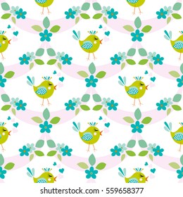 Nice flower with cute bird seamless pattern