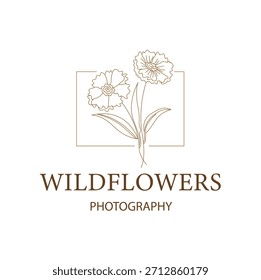 etiqueta de flor agradável para o pacote. Desenho de logotipo linear Wildflower. Emblema de moldura floral para casamento, marca de fotógrafo, design. Contorno vintage mão desenhado ervas. Filtro de vetor