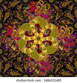Nice flower vector pattern. Flat Flower Elements Design. Colour Spring Theme seamless pattern Background. Flowers on yellow, black and green colors.