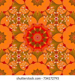 Nice flower vector pattern. Flat Flower Elements Design. Flowers on orange, brown and red colors. Colour Spring Theme seamless pattern Background.